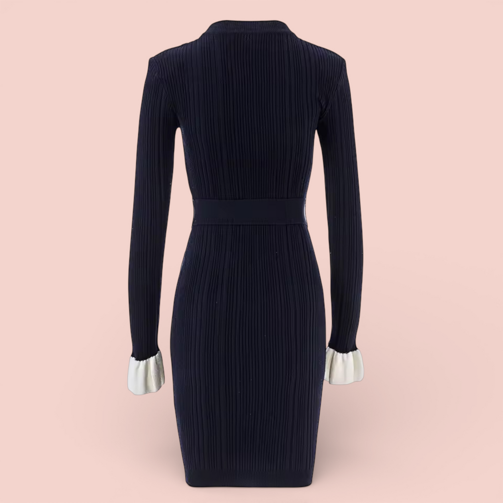 Boss Babe Elegant Knit Dress with Belt | Long Sleeve Colorblock