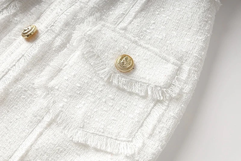 Boss Babe Pure White Tweed Fabric Straps Sleeveless Dress