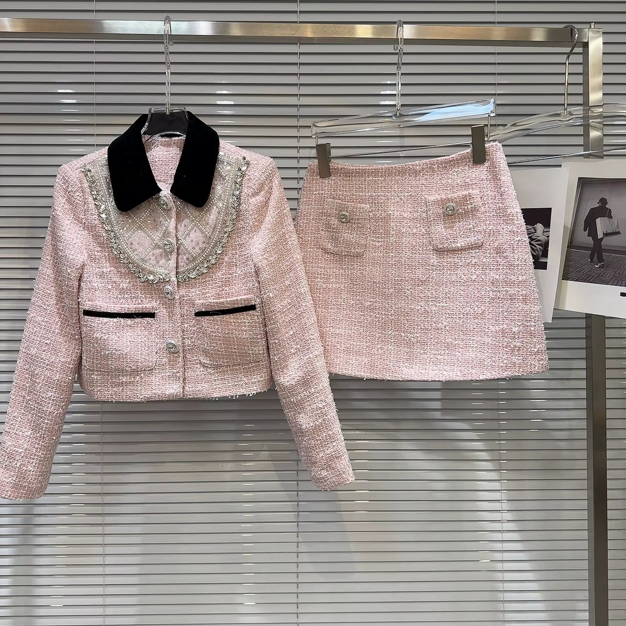Boss Babe Short Jacket Coat Tweed Pink Mini Skirt
