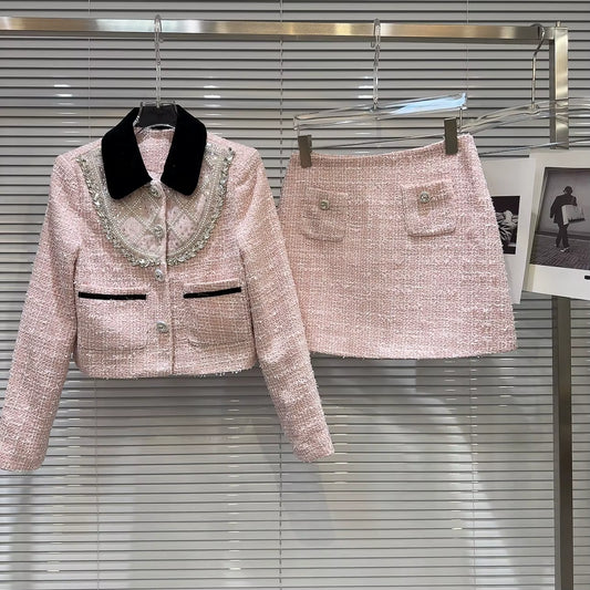 Boss Babe Short Jacket Coat Tweed Pink Mini Skirt