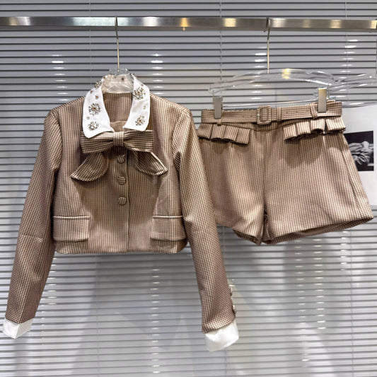 Boss Babe Bow Necktie Sequins Collar Plaid Short & Jacket