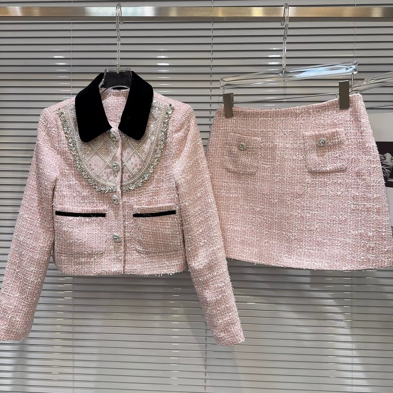 Boss Babe Short Jacket Coat Tweed Pink Mini Skirt