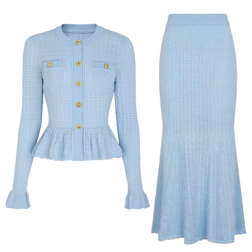 Boss Babe Long-Sleeve Knitted Cardigan Jacket + Midi Skirt Two Piece Set