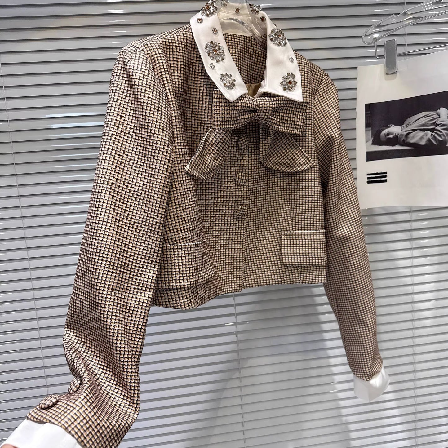 Boss Babe Bow Necktie Sequins Collar Plaid Short & Jacket