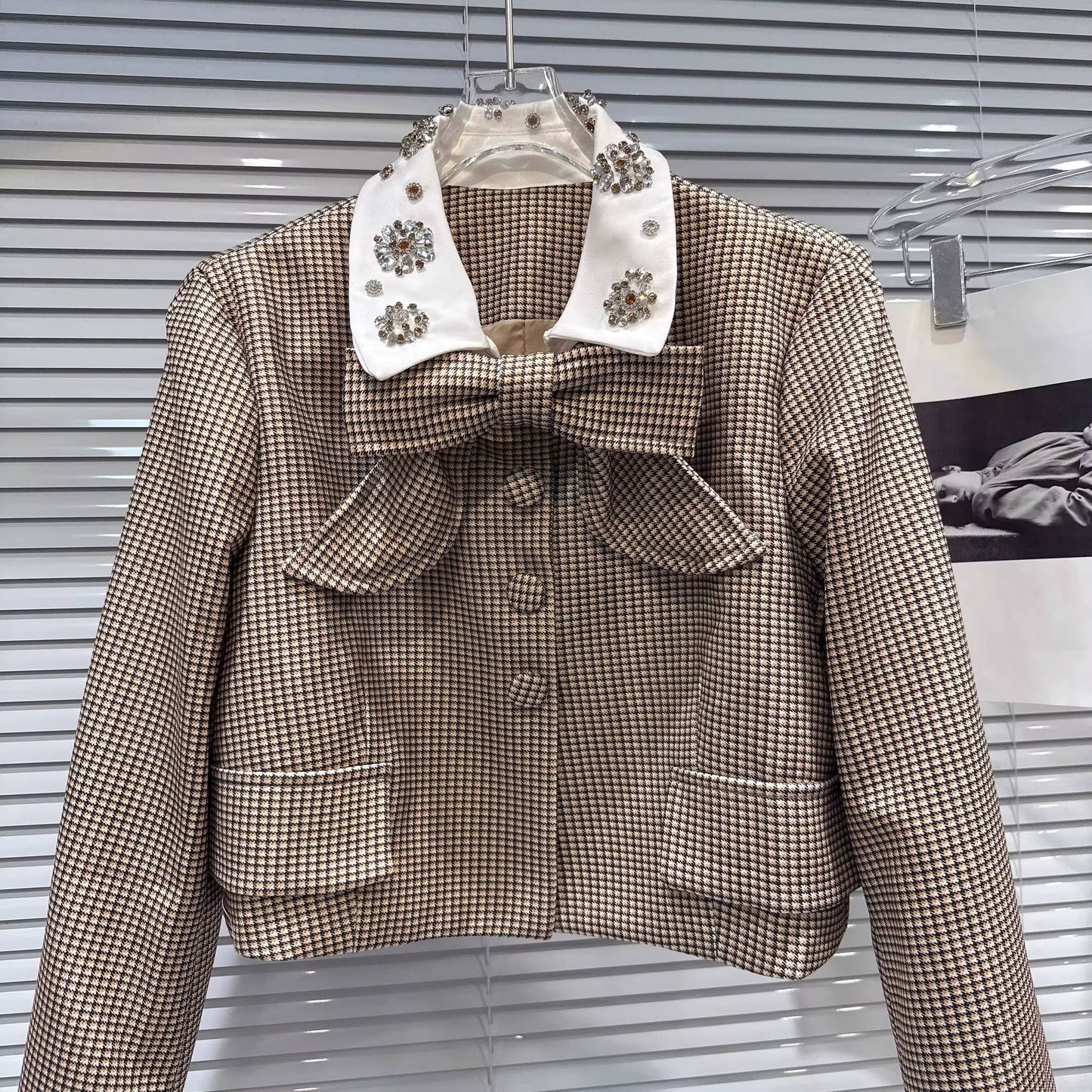 Boss Babe Bow Necktie Sequins Collar Plaid Short & Jacket