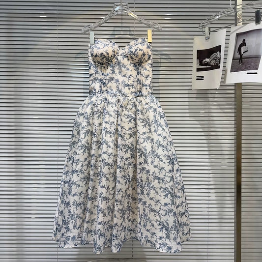 Boss Babe Strapless Blue Floral Print Dress