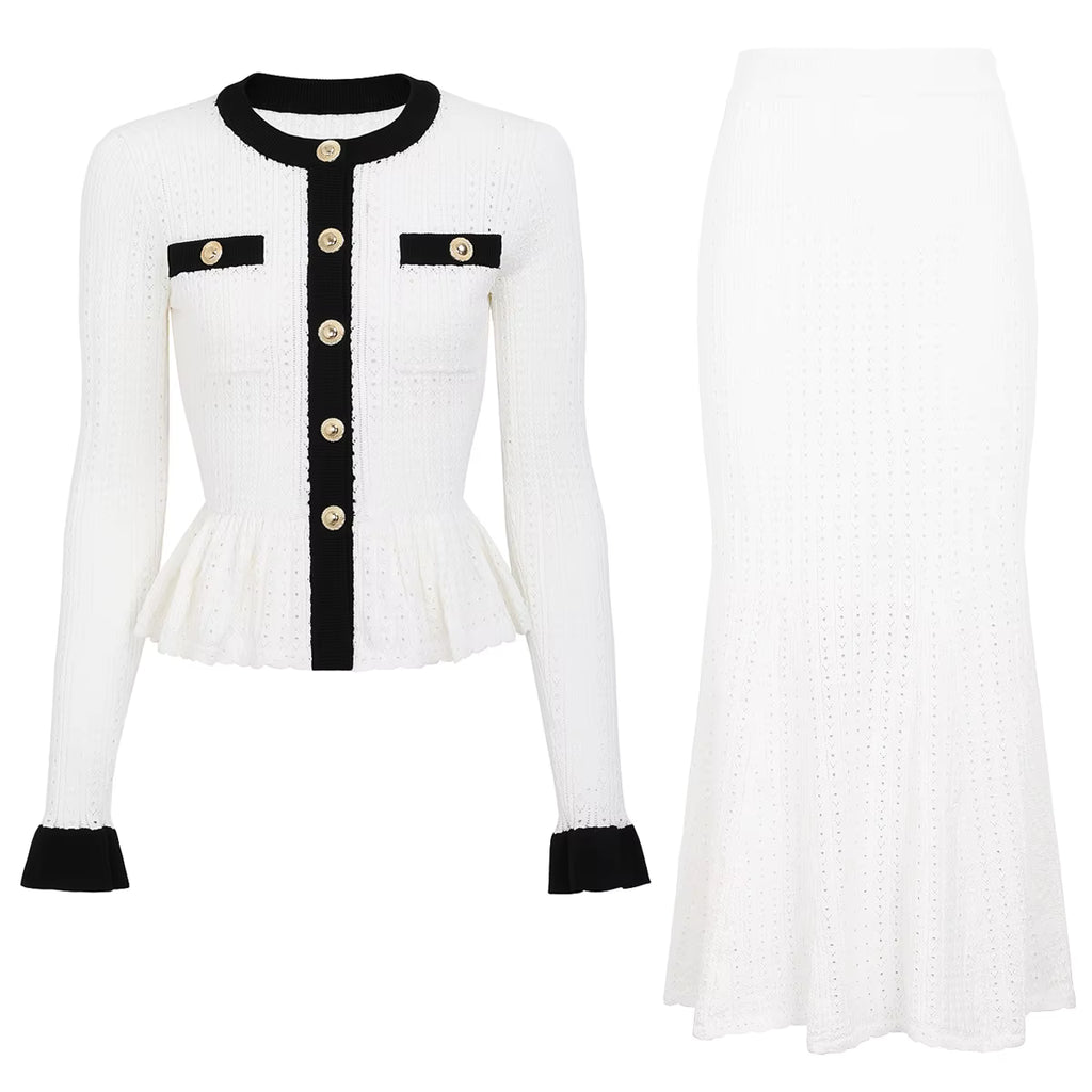 Boss Babe Long-Sleeve Knitted Cardigan Jacket + Midi Skirt Two Piece Set