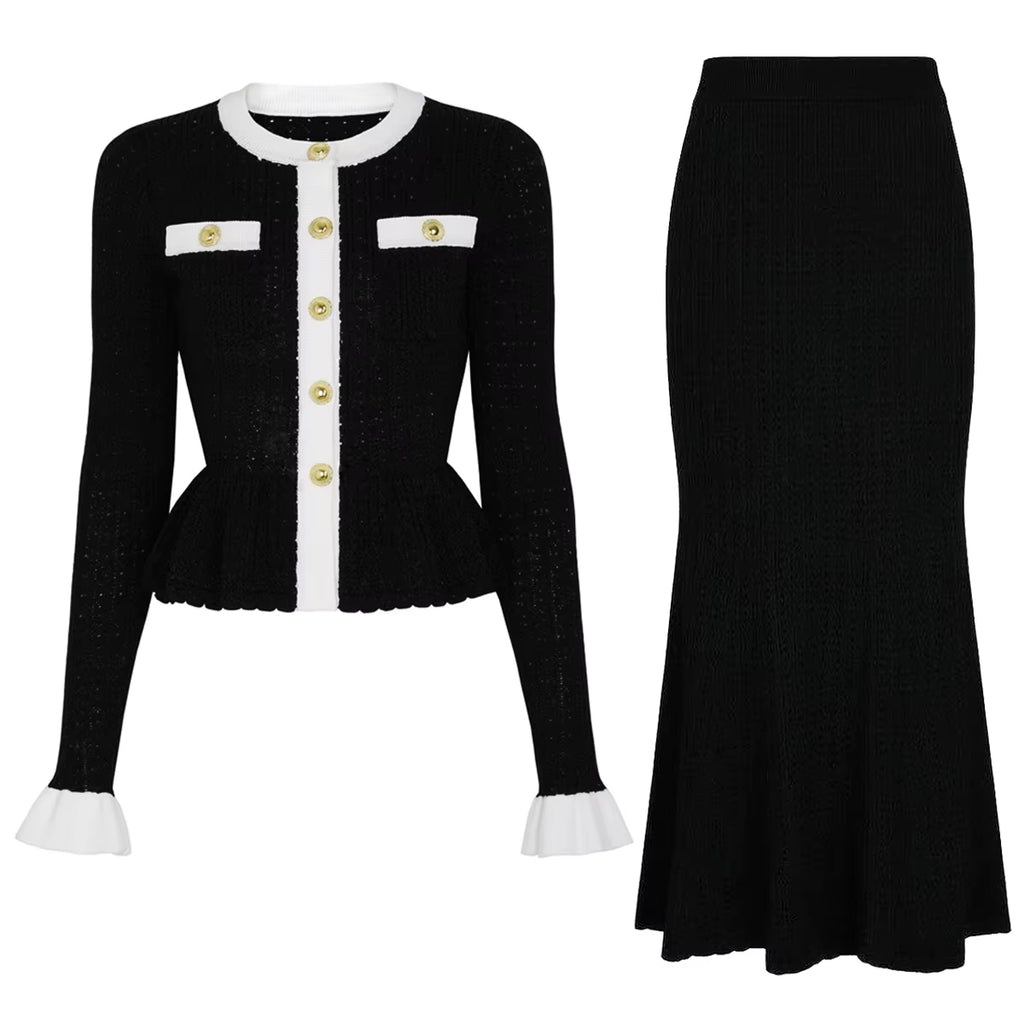Boss Babe Long-Sleeve Knitted Cardigan Jacket + Midi Skirt Two Piece Set