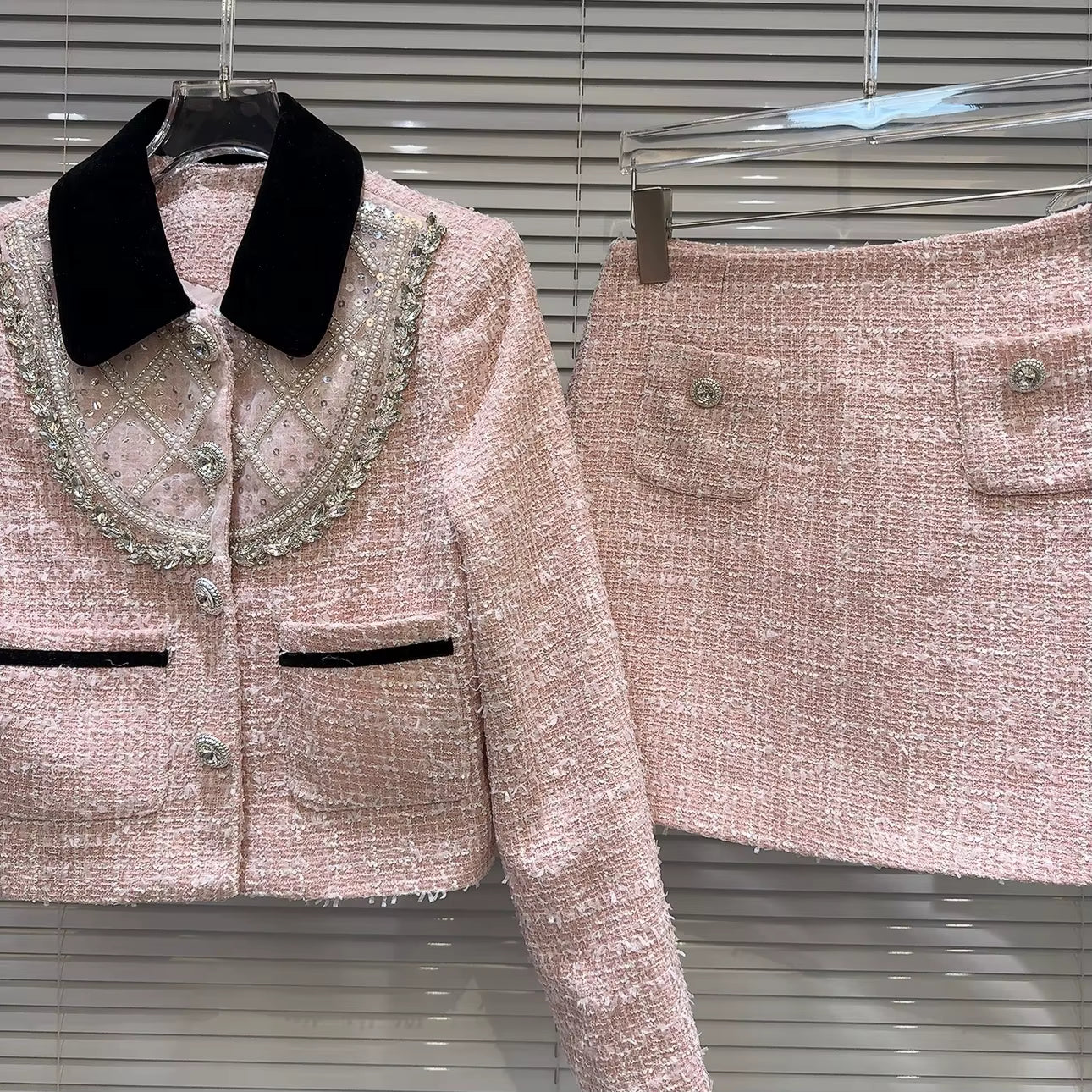Boss Babe Short Jacket Coat Tweed Pink Mini Skirt