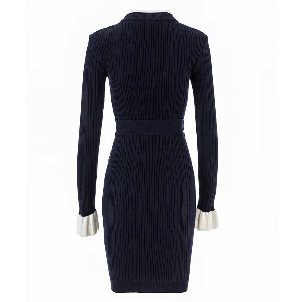 Boss Babe Elegant Knit Dress with Belt | Long Sleeve Colorblock