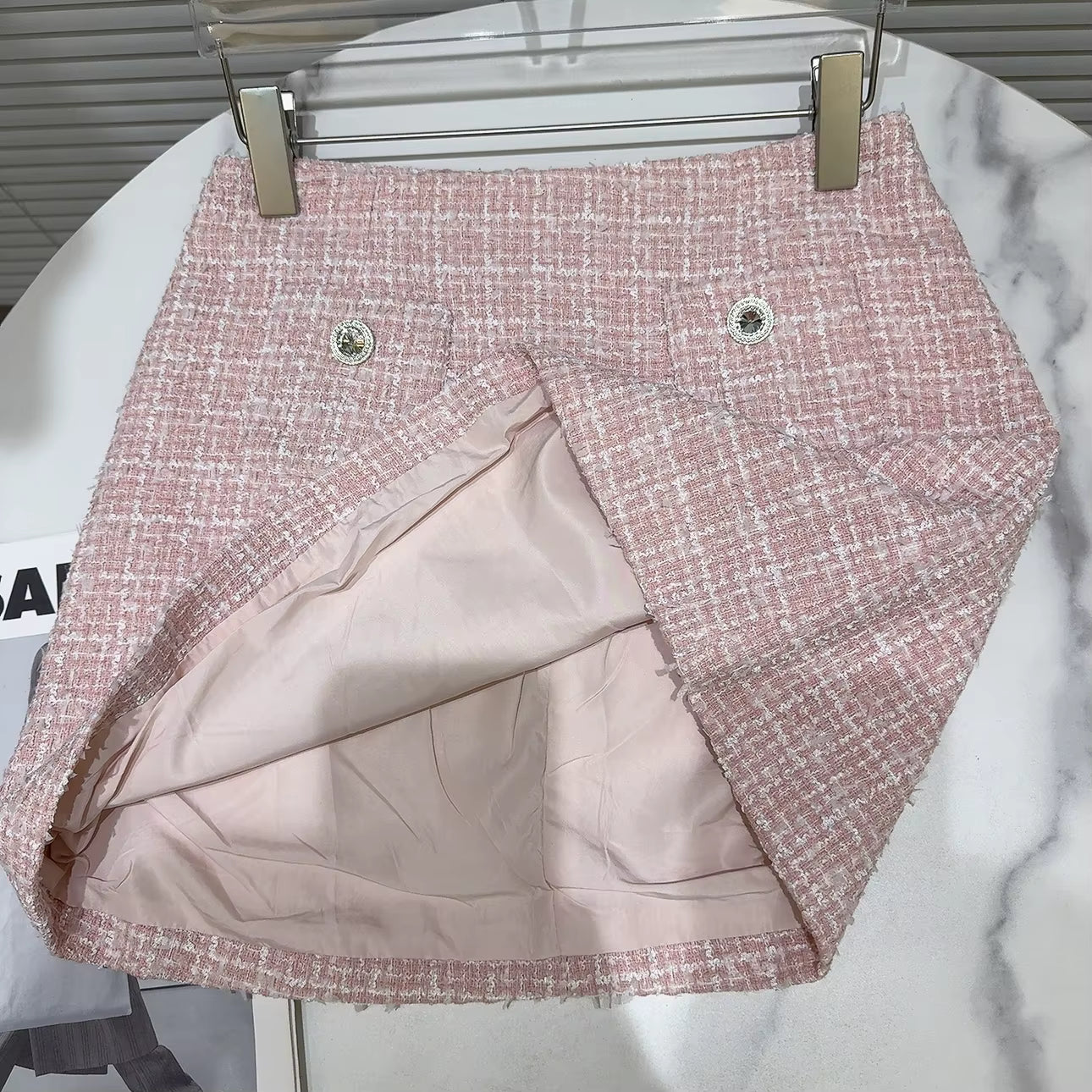 Boss Babe Short Jacket Coat Tweed Pink Mini Skirt