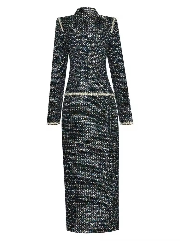 Boss Babe Long Sleeve Top coat + Split Skirt Beaded sequins 2 Pieces Set