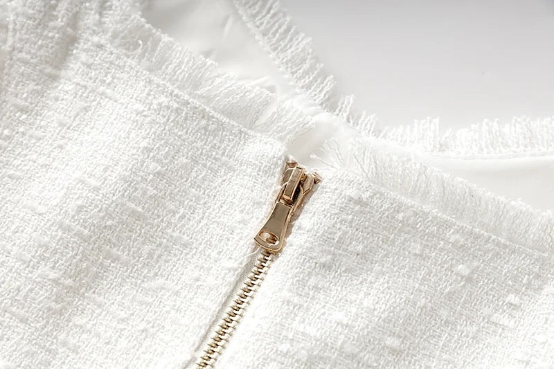 Boss Babe Pure White Tweed Fabric Straps Sleeveless Dress