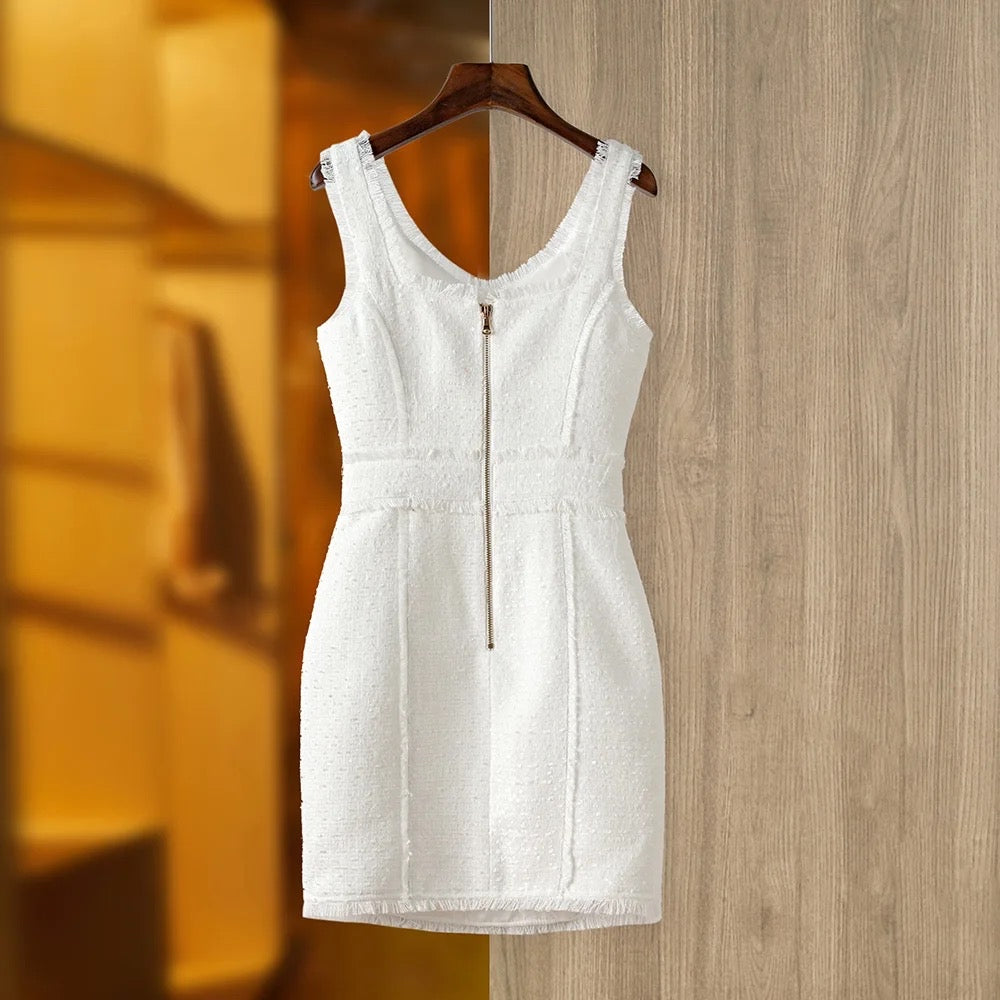 Boss Babe Pure White Tweed Fabric Straps Sleeveless Dress