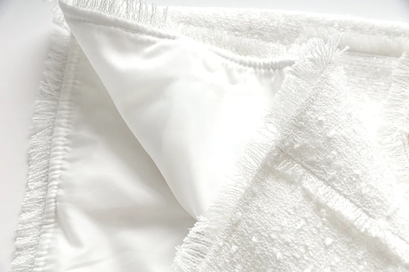 Boss Babe Pure White Tweed Fabric Straps Sleeveless Dress