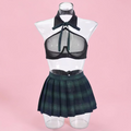 A two-piece schoolgirl-inspired outfit displayed on a clear mannequin torso against a solid pink background. The set includes a dark green and black sheer mesh halter-style bra top with a matching necktie and a dark green plaid pleated mini skirt.