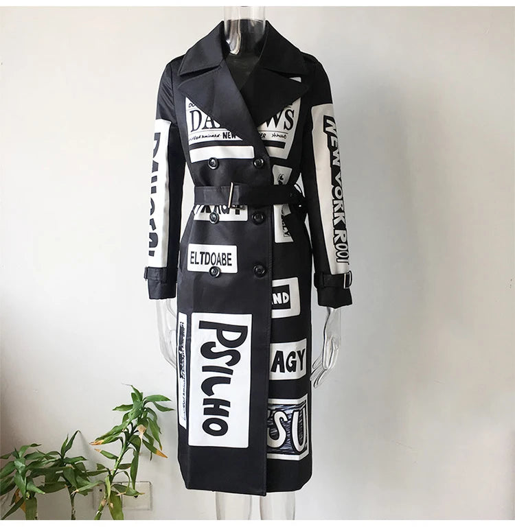 Boss Babe Letters Printing Graffiti Trench Coat