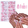 Set of pink and white nail tips with a box and hands wearing the nails.