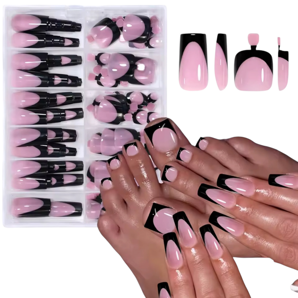 Set of pink and black nail extensions with packaging and hands wearing them.