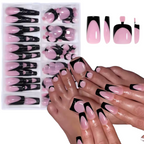 Set of pink and black nail extensions with packaging and hands wearing them.