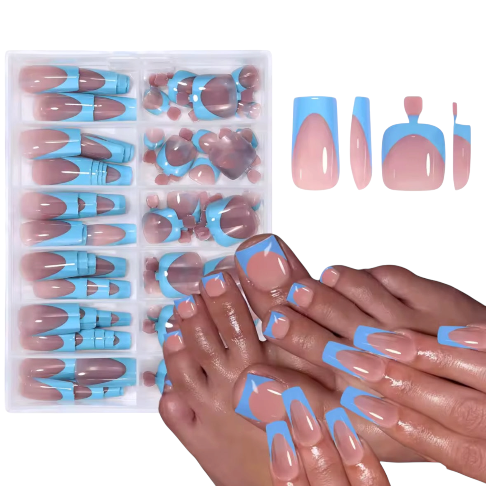 Nail extension set with blue and clear tips, displayed in a box and on hands.