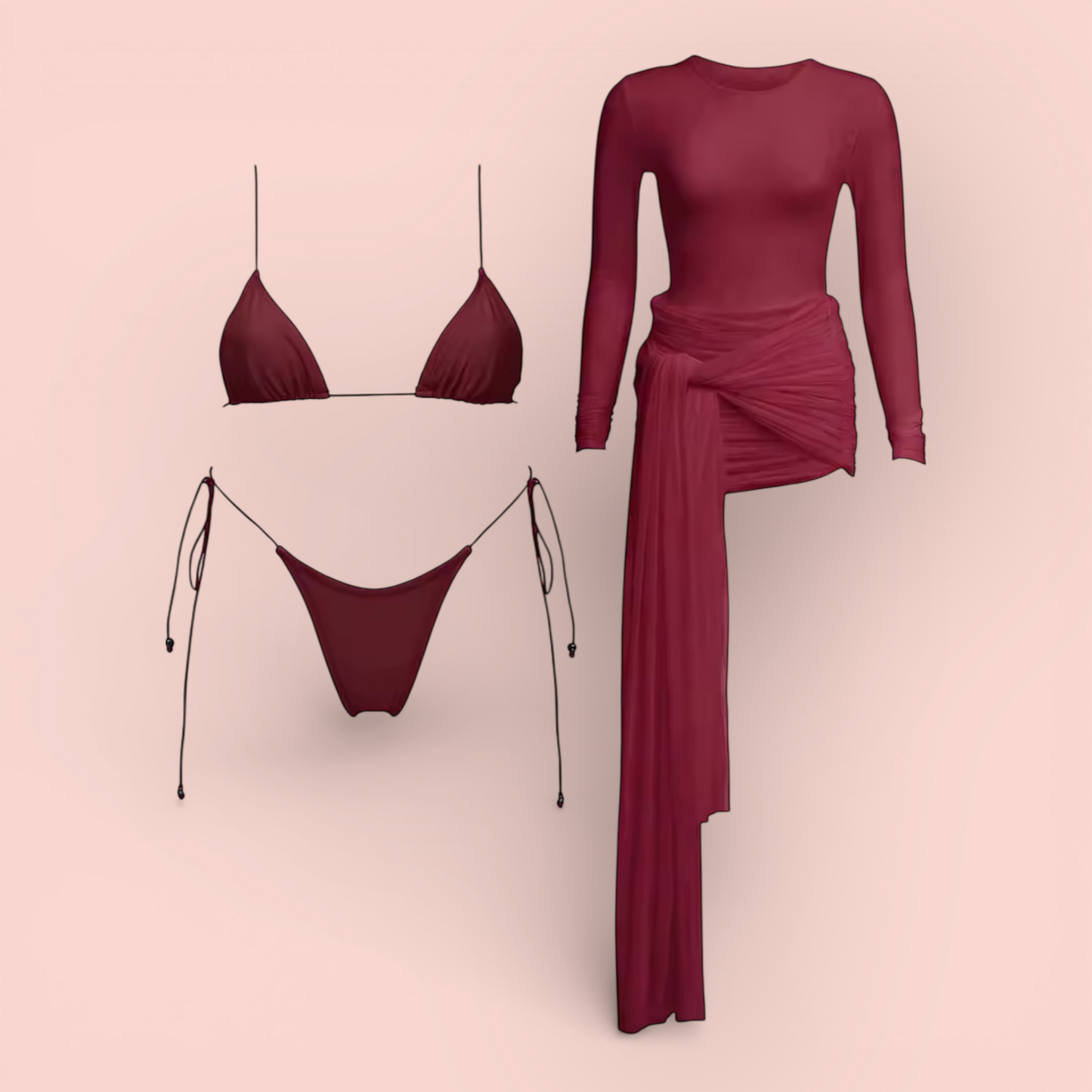 Lya 3-Piece Micro Bikini Set with Sheer Mesh Cover Dress