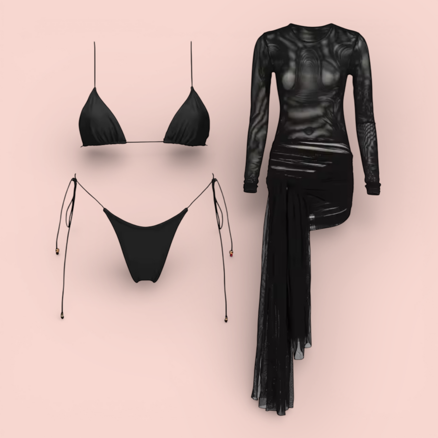 Lya 3-Piece Micro Bikini Set with Sheer Mesh Cover Dress