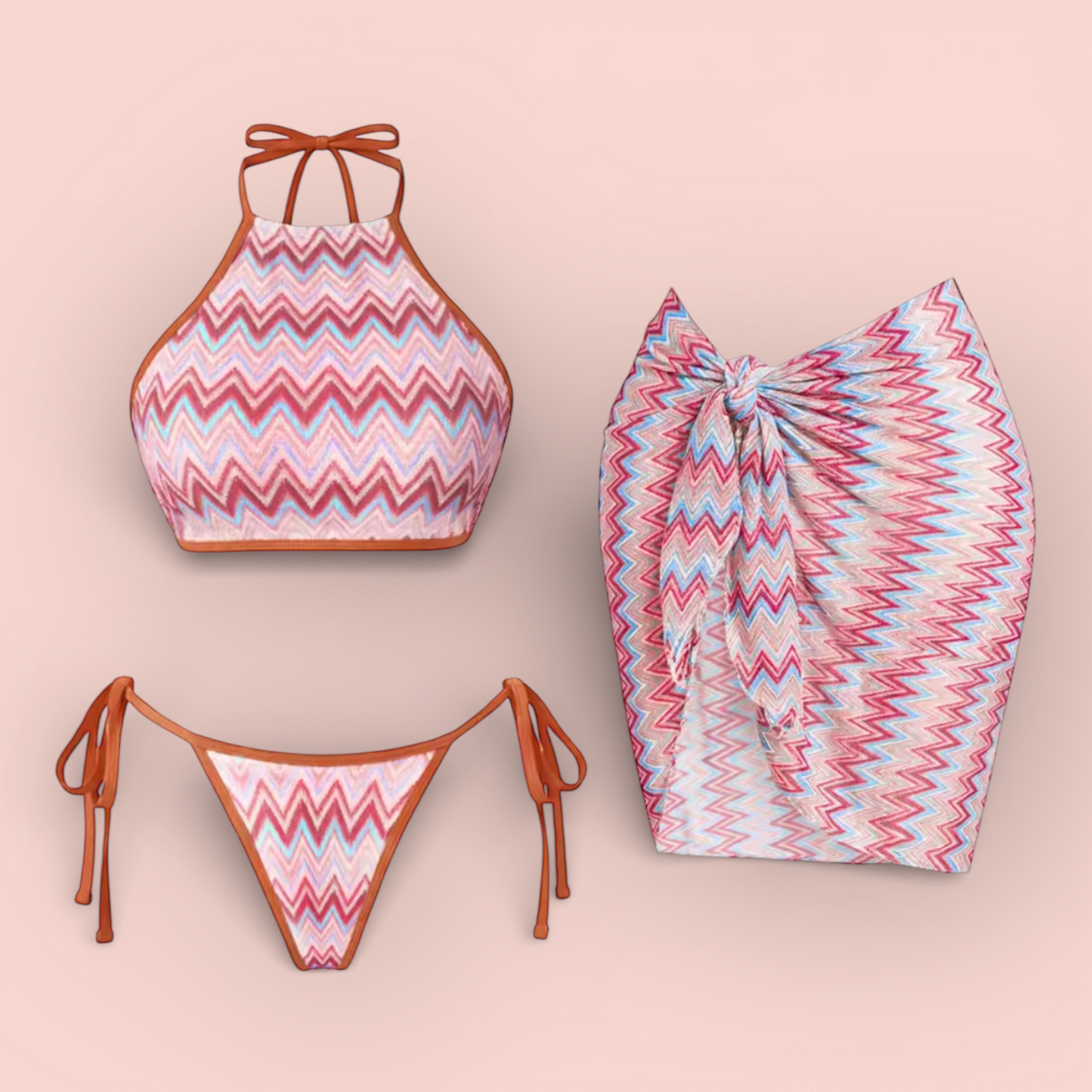 Elyna 3-Piece Crochet Print Bikini Set with Sarong Cover-Up
