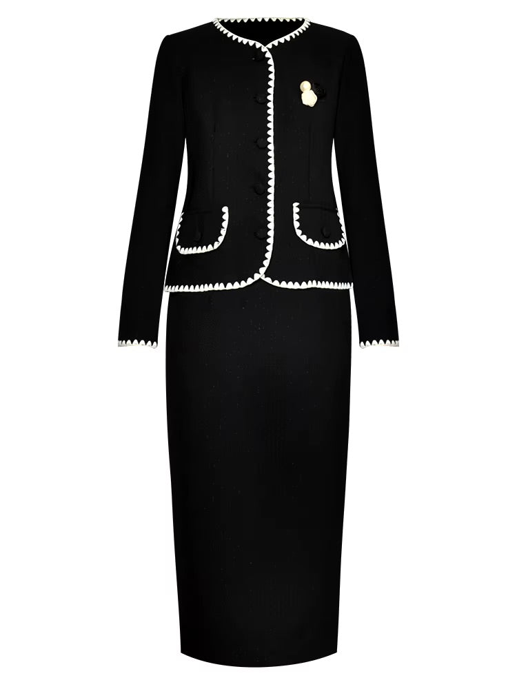 Boss Babe O Neck Brooch Pockets Slim Coat+Package Buttocks Skirt 2 Piece Set