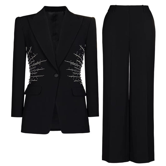 Boss Babe Rhinestone Button Blazer & Wide Legs Pants