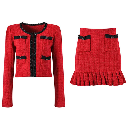 Boss Babe Red Suit O-neck Long Sleeve Colorblock Cardigan Mini Slim Fitted Ruffles Hem Skirt