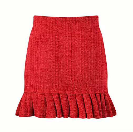 Boss Babe Red Suit O-neck Long Sleeve Colorblock Cardigan Mini Slim Fitted Ruffles Hem Skirt