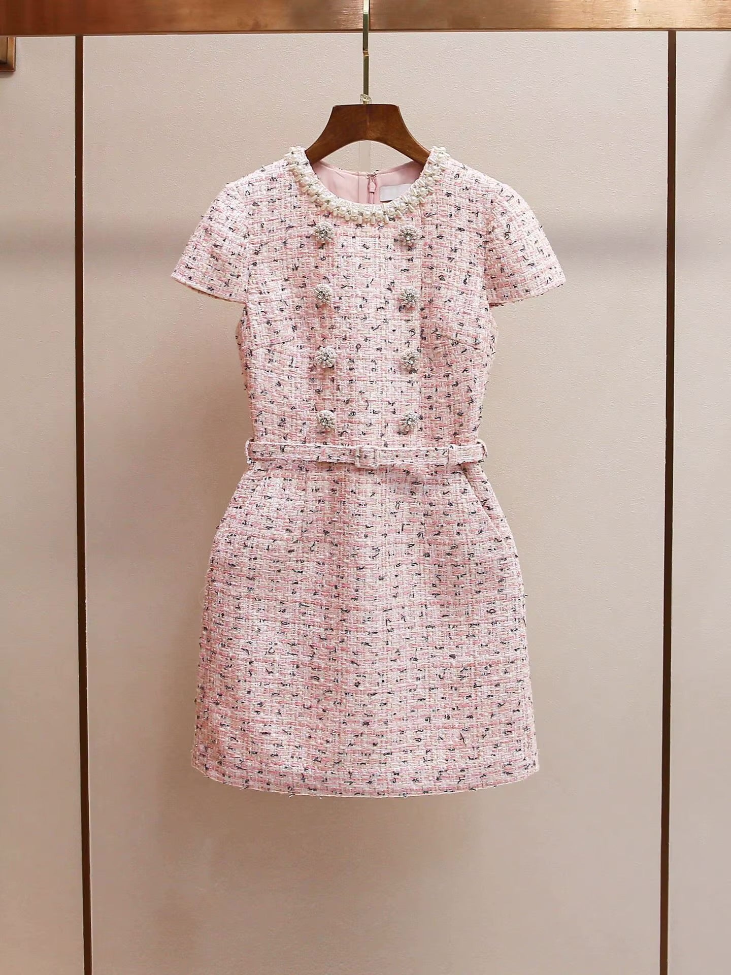 Boss Babe Pink Double Breasted Pearl Beaded Belt Short Evening Dress