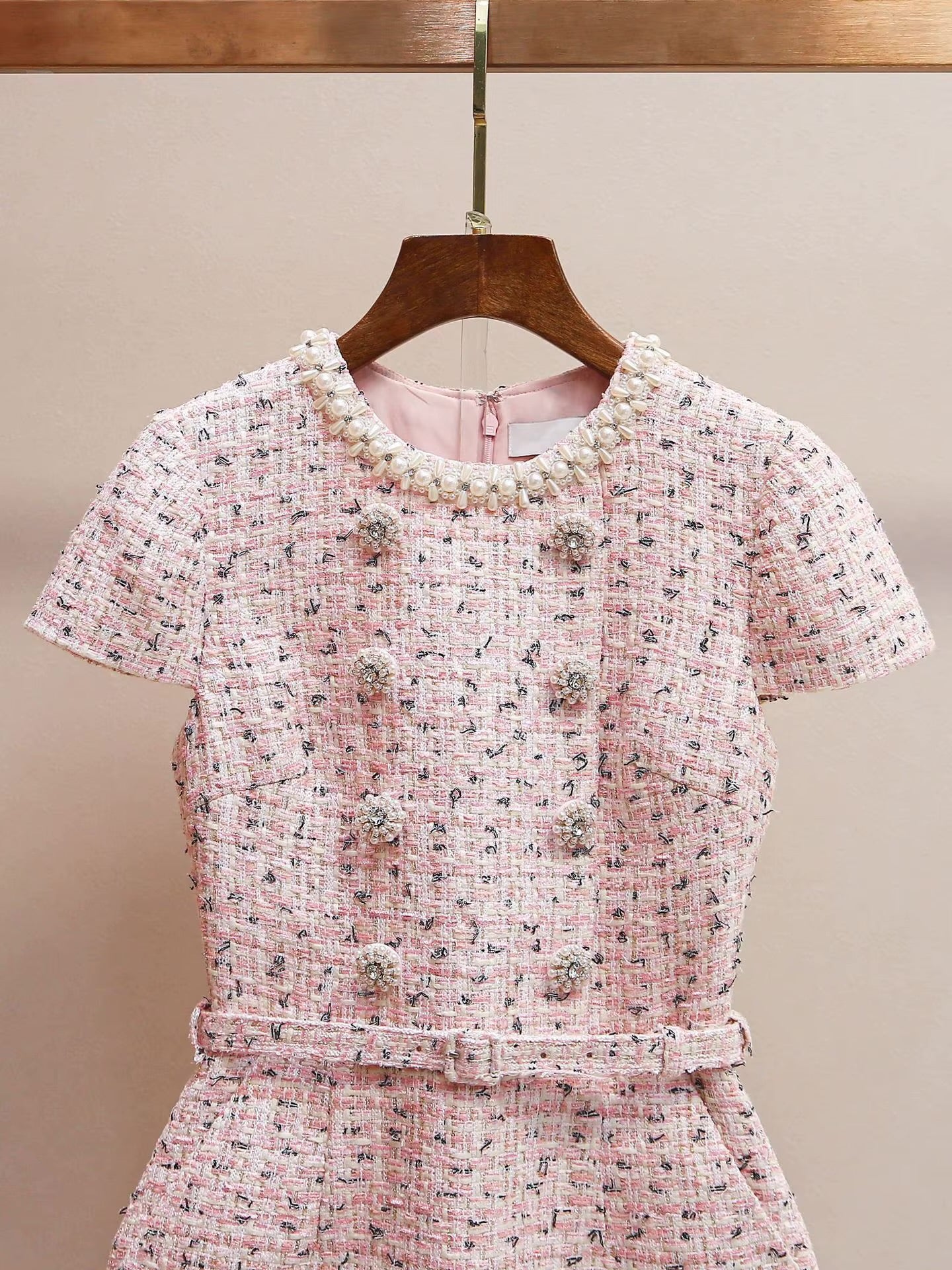 Boss Babe Pink Double Breasted Pearl Beaded Belt Short Evening Dress