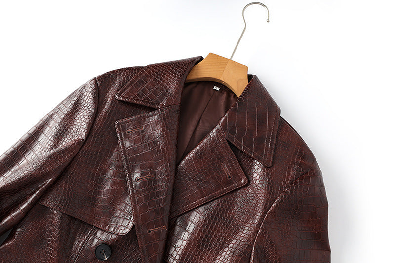 Boss Babe Pu Leather Long Sleeve Double-breasted Vintage Long Coat