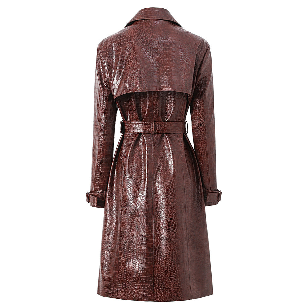 Boss Babe Pu Leather Long Sleeve Double-breasted Vintage Long Coat