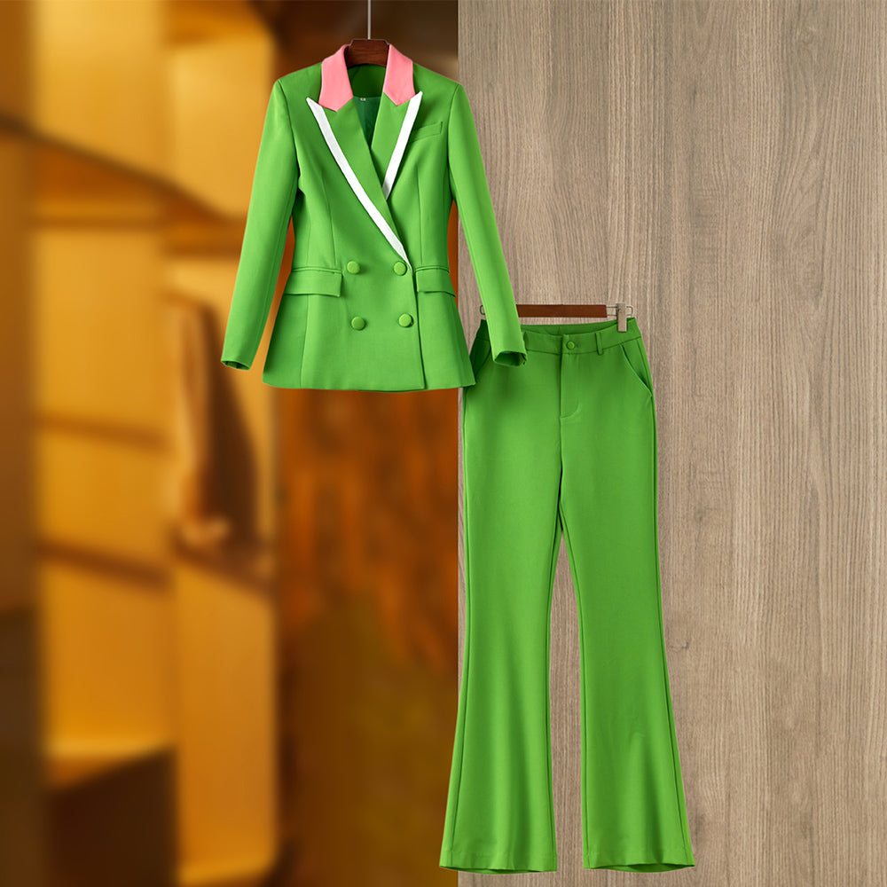 Boss Babe Pink Collar Patchwork Green Blazer Suit