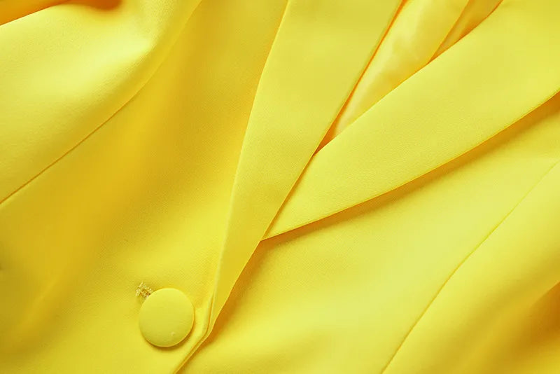 Boss Babe Faux Fur-trim Patchowrk Lemon Yellow Long Blazers
