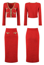 A red tweed women's skirt set consisting of a skirt and a jacket, both featuring gold-colored buttons and trim.