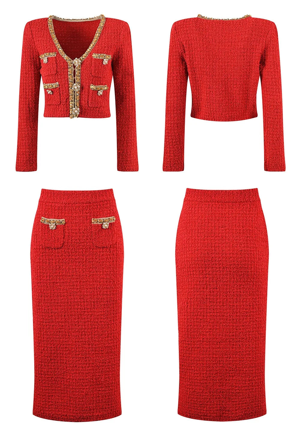 A red tweed women's skirt set consisting of a skirt and a jacket, both featuring gold-colored buttons and trim.