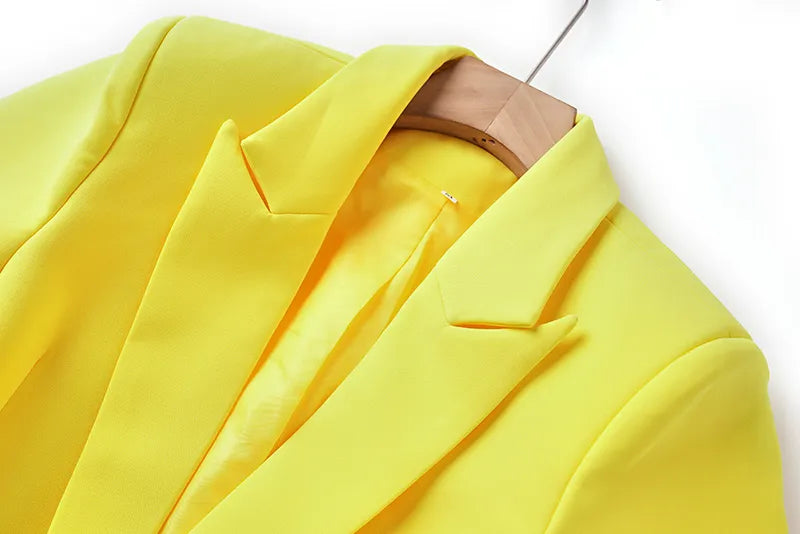 Boss Babe Faux Fur-trim Patchowrk Lemon Yellow Long Blazers