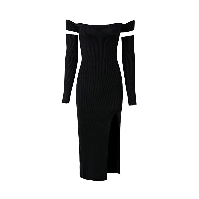 Boss Babe Sheath Slash Neck Knitting Slim High Slit Dress