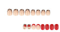 Set of nail designs including beige with black polka dots and red with black stripes on a white background.