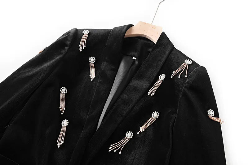 Boss Babe Luxury Black Velvet Fabric Quality Diamonds Beads Women 2PCs Blazer Suits