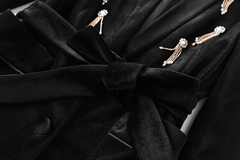 Boss Babe Luxury Black Velvet Fabric Quality Diamonds Beads Women 2PCs Blazer Suits