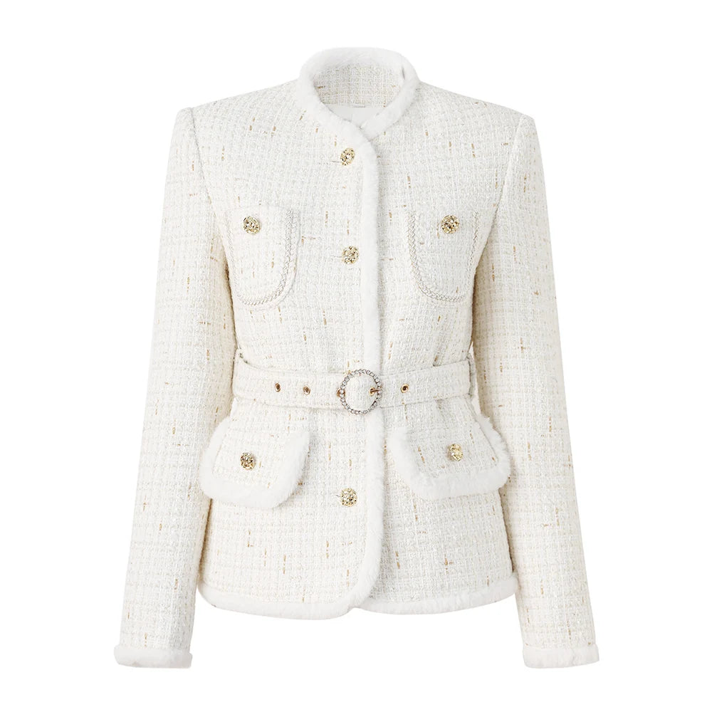 A white tweed jacket with a belt and gold-tone buttons, displayed against a plain background.