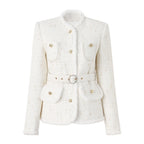 A white tweed jacket with a belt and gold-tone buttons, displayed against a plain background.