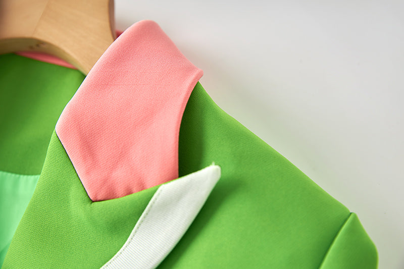 Boss Babe Pink Collar Patchwork Green Blazer Suit