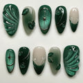 Set of green and gray nail art designs on a white background