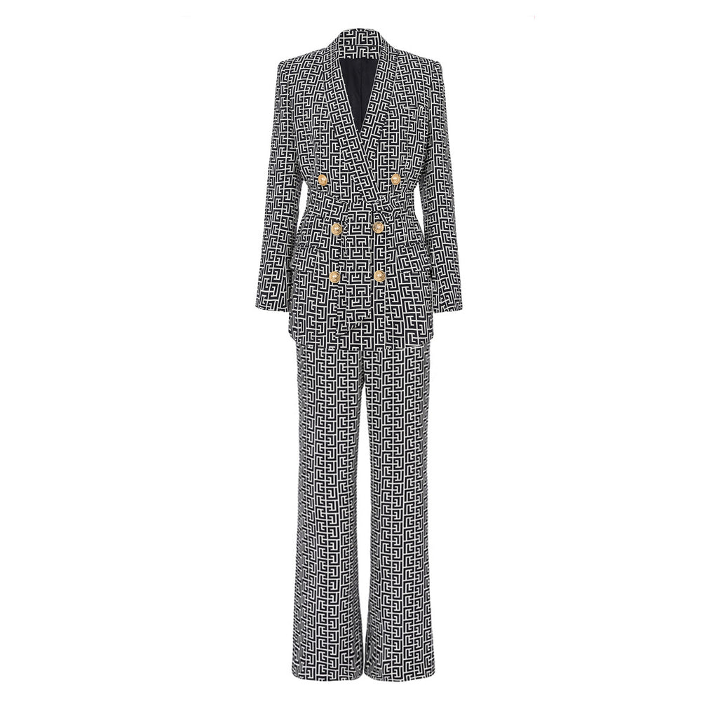 A two-piece blazer suit with a geometric pattern in gray and black, featuring a straight-cut design, gold-tone buttons, and pants to match.